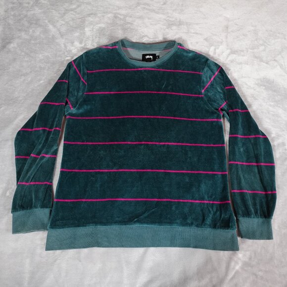 Stussy Velour Striped Sweatshirt Mens Small Crewneck Streetwear Green Pink - Picture 1 of 9